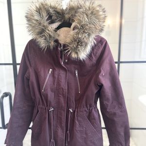 Burgundy coat with detachable faux fur